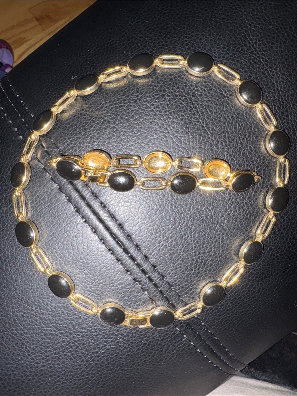 Gold-tone Bracelet and Necklace Set with Black Enamel Accents